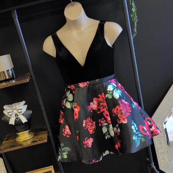 Jovani Dresses & Skirts - Jovani Black Skater Skirt with Pink and Green Floral Design